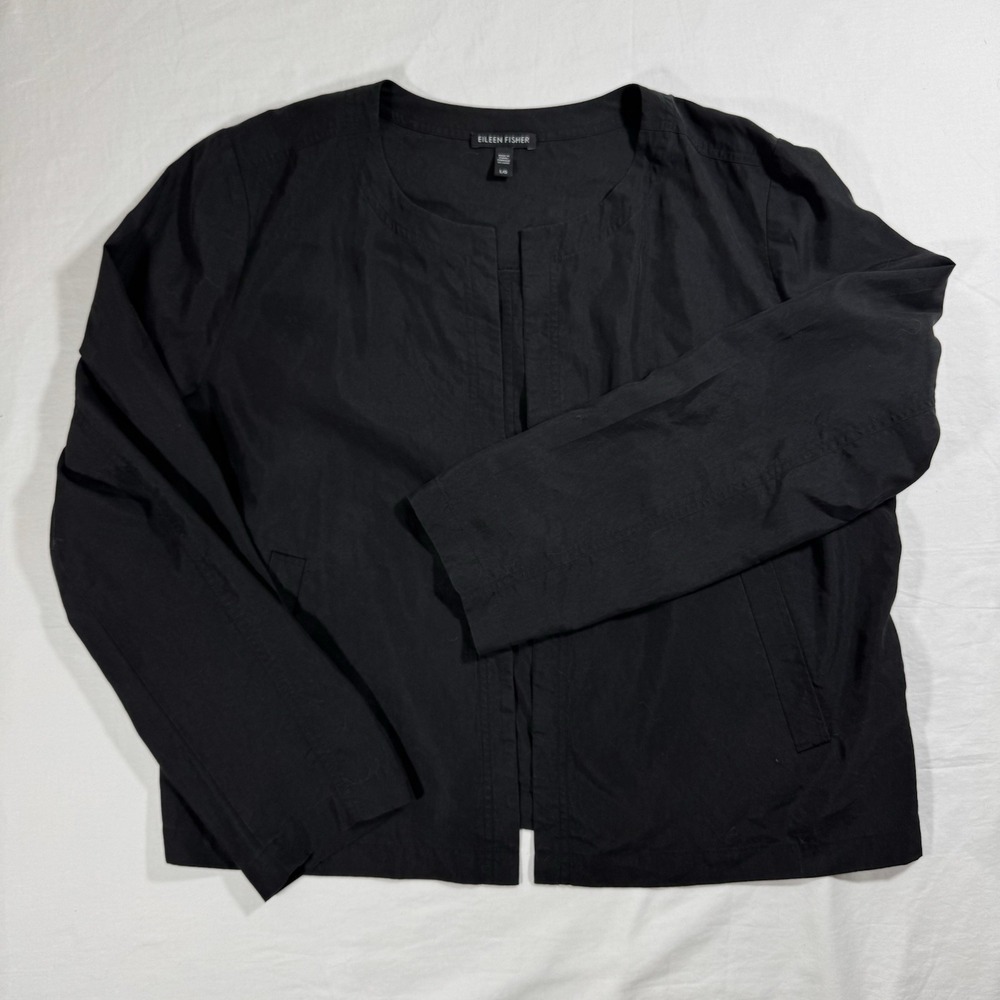 Eileen Fisher Black Open Front Cardigan Collarless Jacket‎ Tencel Blend Size L